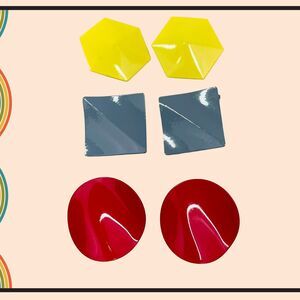 Vintage 80s Earrings Set Clip On Earrings Yellow Gray Red Modern Chunky 80s VTG